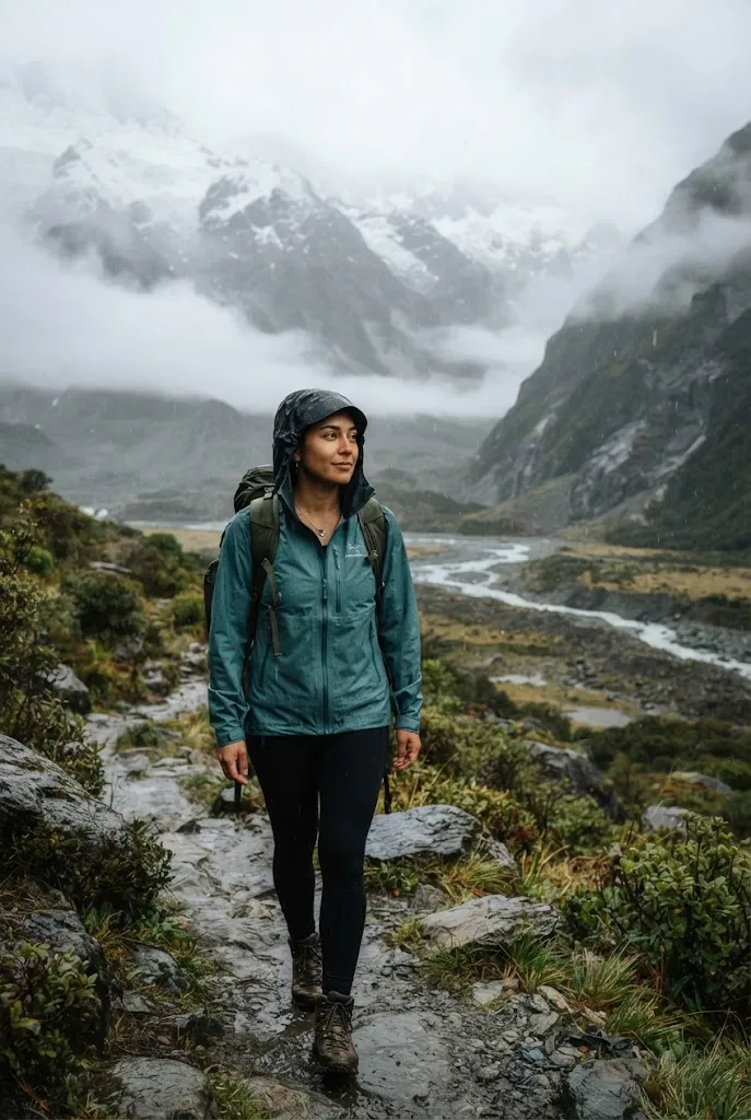 Woman wearing a packable rain shell in misty conditions near an Alaska glacier