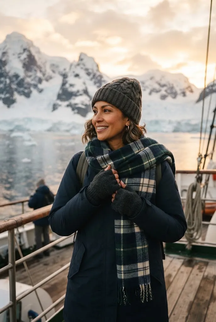 Woman wrapped in a plaid scarf over a navy parka on a ship deck in Alaska
