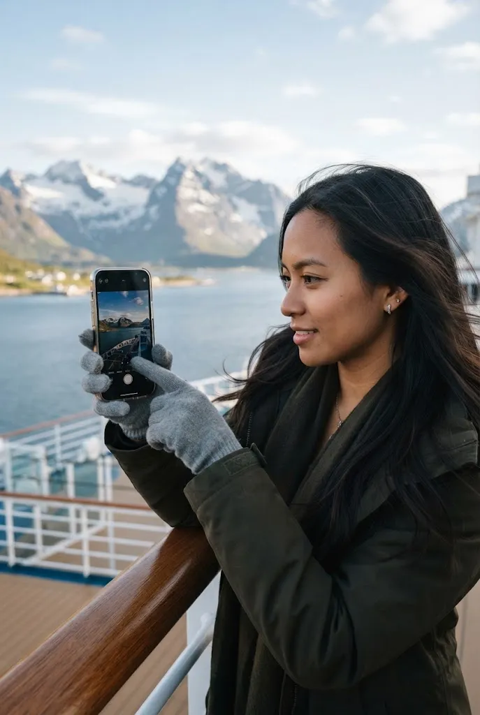 Woman wearing touchscreen gloves taking a photo from a ship deck in Alaska
