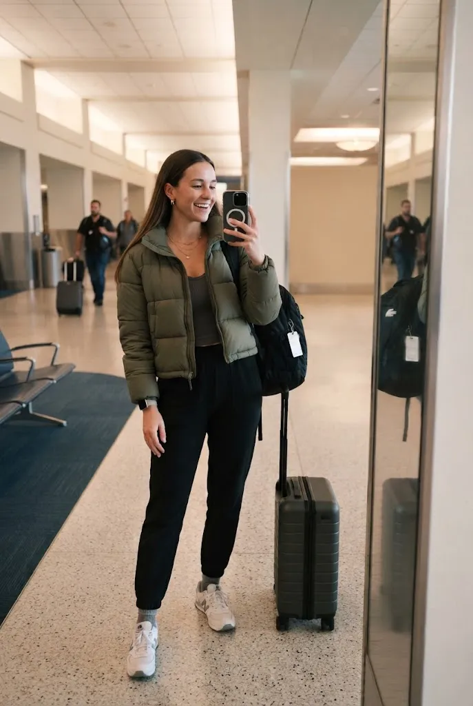 Woman wearing joggers and a cropped green puffer jacket in an airport
