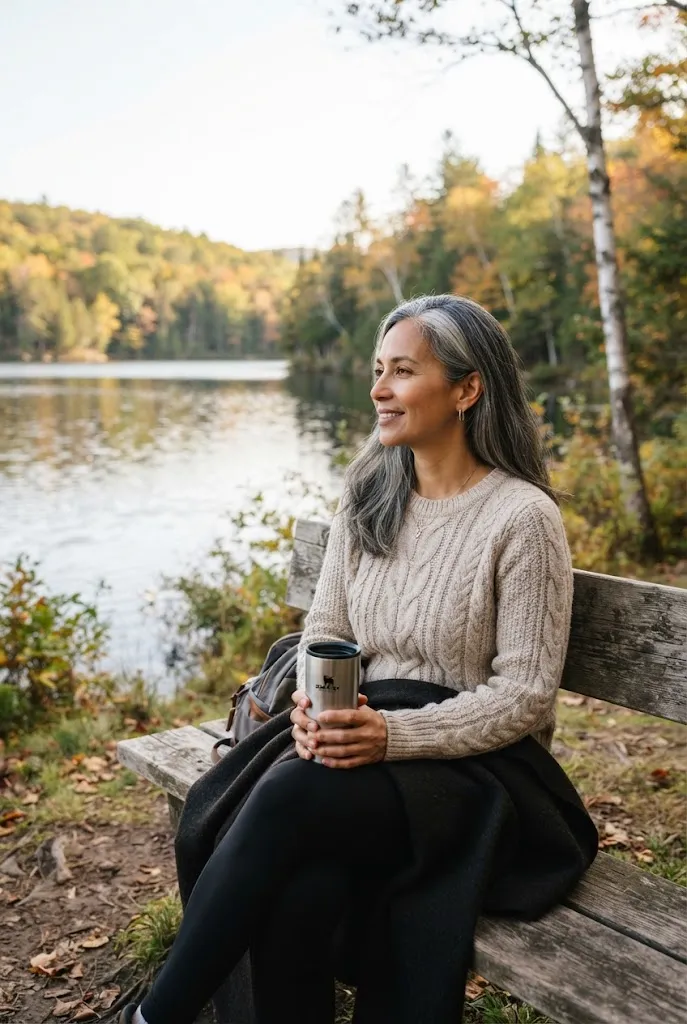 Woman wearing an oatmeal cable knit sweater by a forest lake in Alaska
