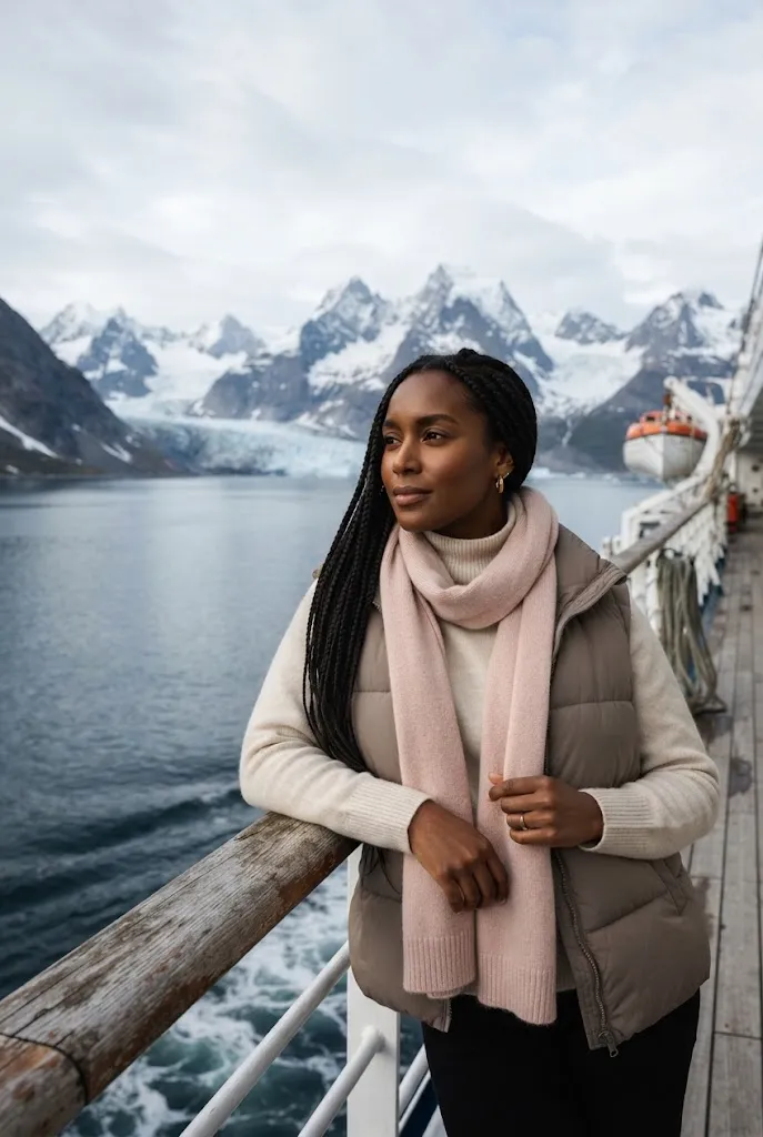 Woman wearing a puffer vest over a turtleneck sweater on a cruise ship deck