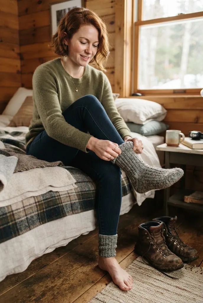 Woman pulling on thick wool socks before a hike in Alaska