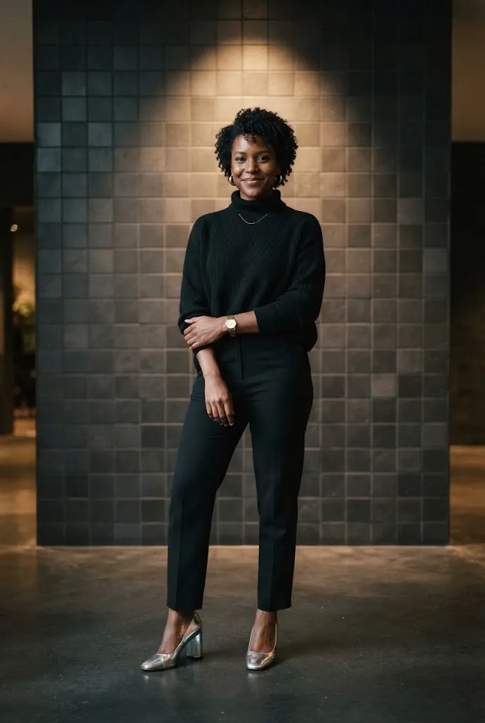 Woman in all black outfit with metallic heels for birthday look