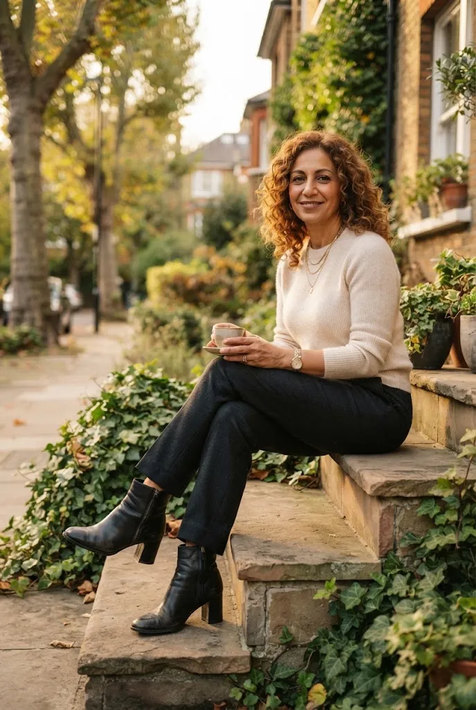 Woman over 50 wearing black ankle boots styled with trousers