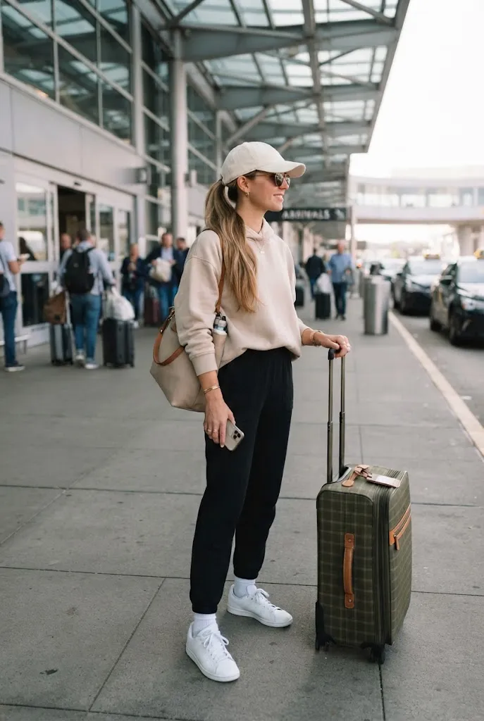 Baseball cap styled with a neutral outfit for a long haul flight