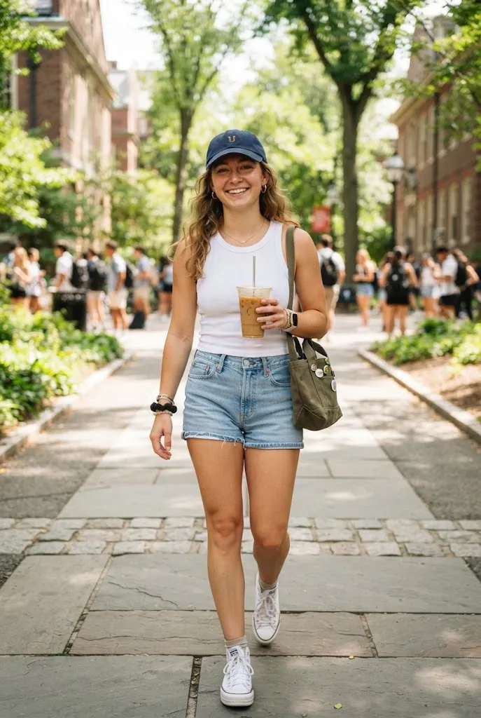 : 20 year old college student styling a baseball cap for a quick first day of college outfit