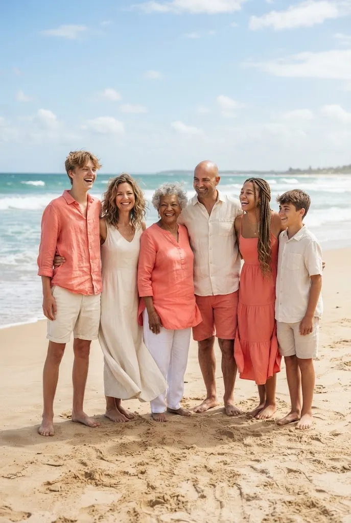 Family group on a beach wearing structured linen and cotton outfits in the wind