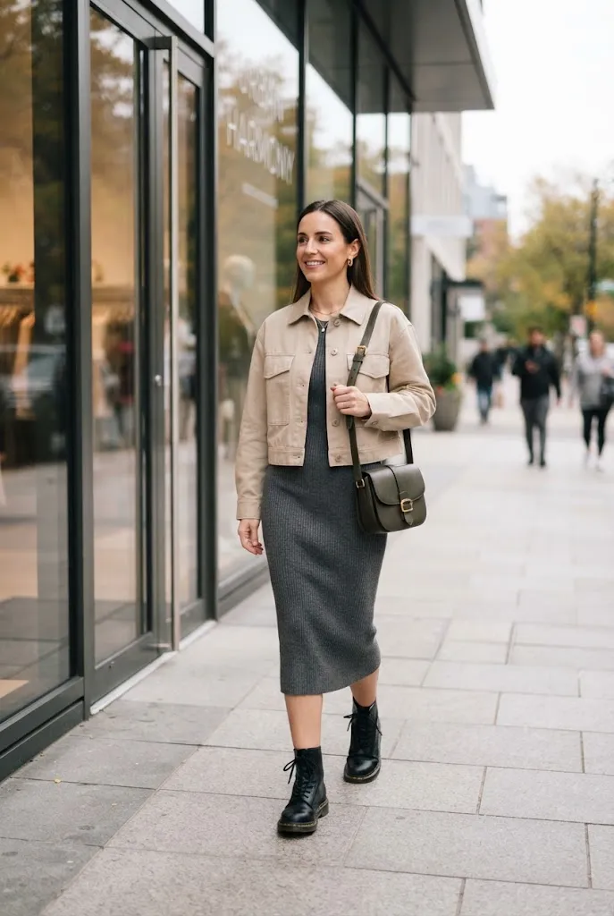 Woman in her early 30s wearing a beige cropped jacket over a ribbed midi dress with boots
