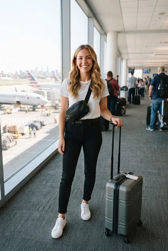Belt bag worn crossbody as a practical travel outfit accessory