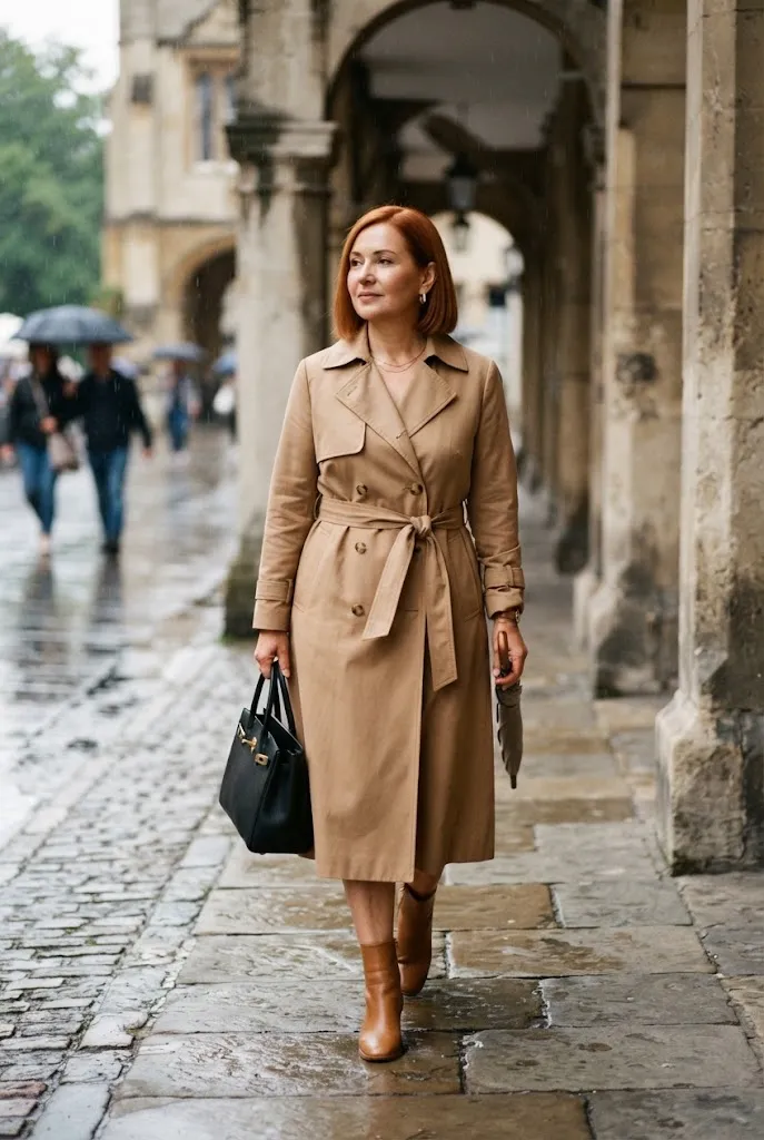 Woman over 50 in belted trench dress rainy spring business casual outfit