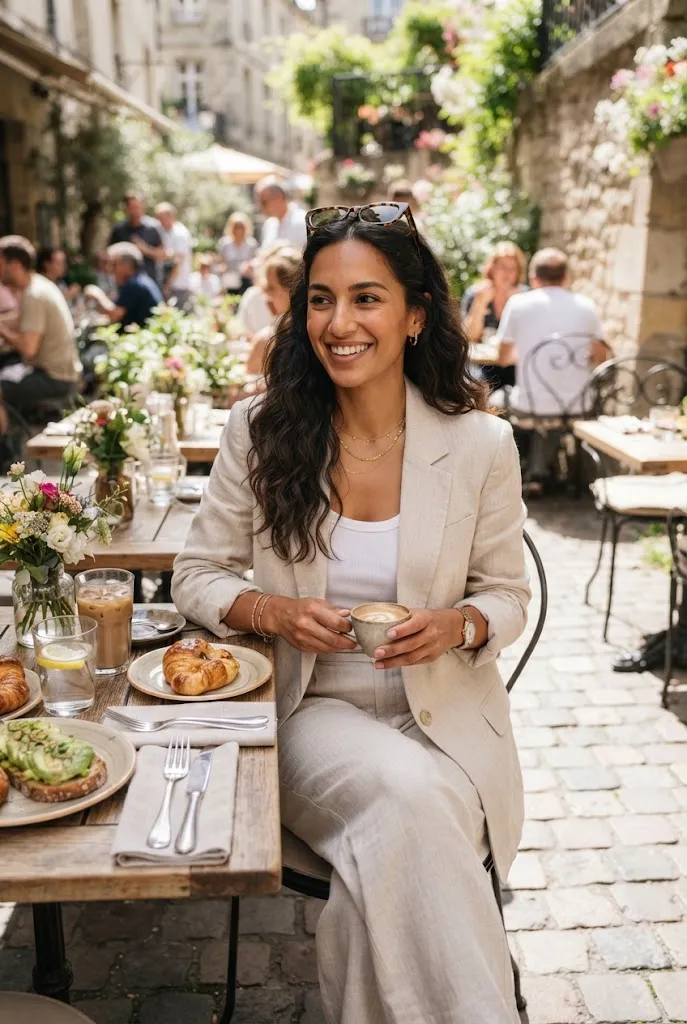 Birthday outfit ideas for women over 30, tailored blazer and linen pants brunch