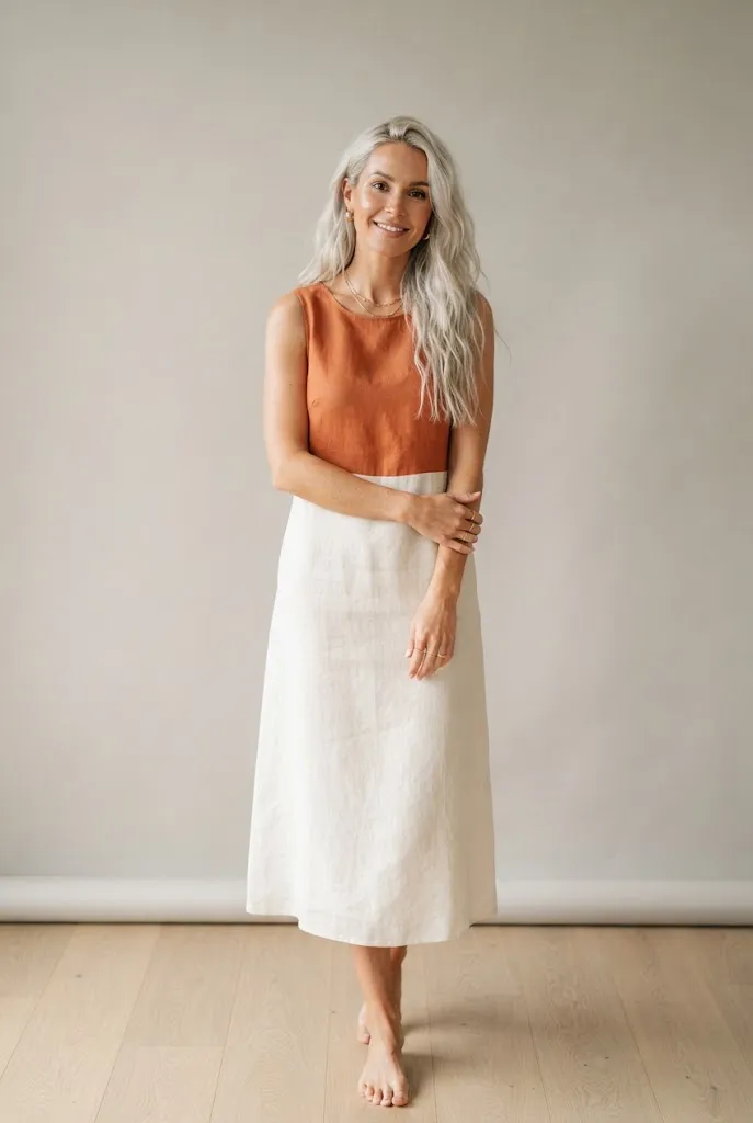 Birthday outfit ideas for women over 30, color block dress against neutral wall