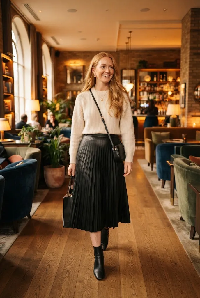 Birthday outfit ideas for women over 30, faux leather skirt and knit top