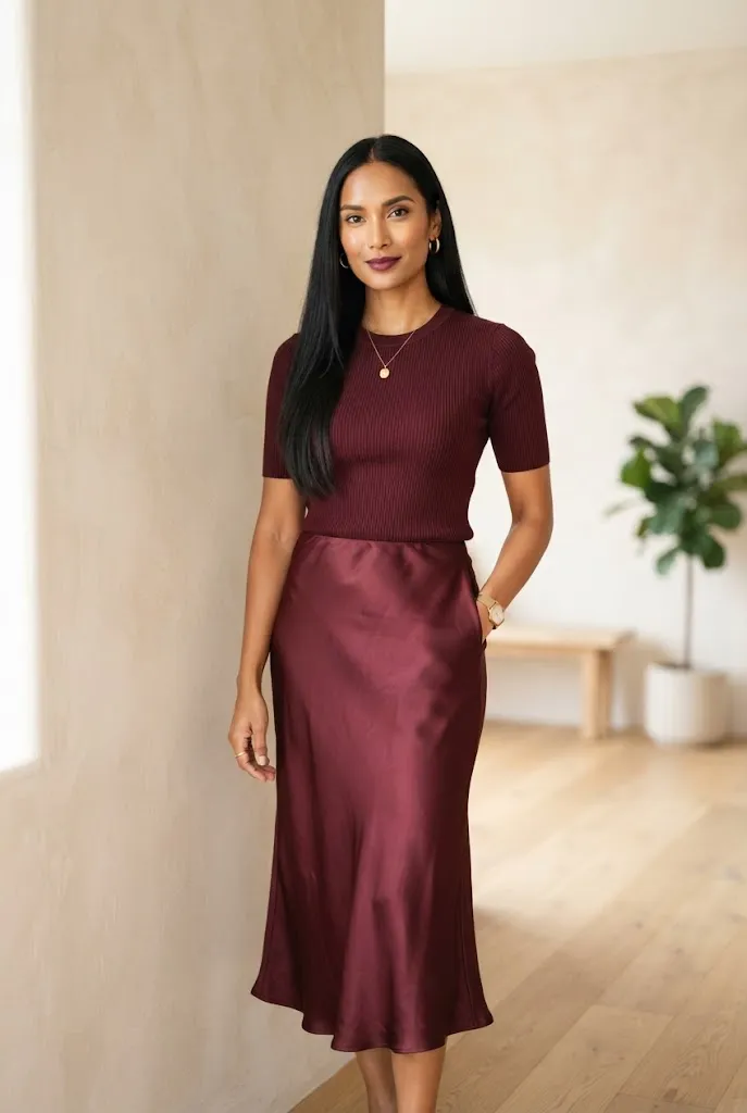 Birthday outfit ideas for women over 30, monochrome burgundy outfit