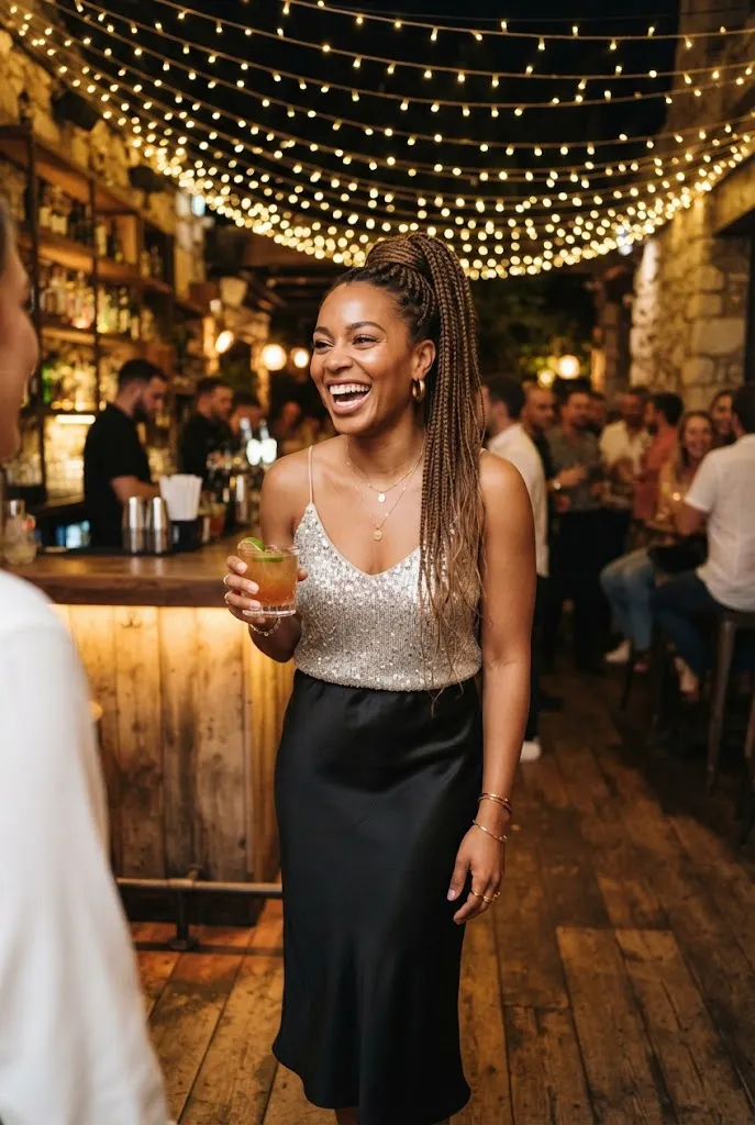 Birthday outfit ideas for women over 30, sequin top with satin skirt