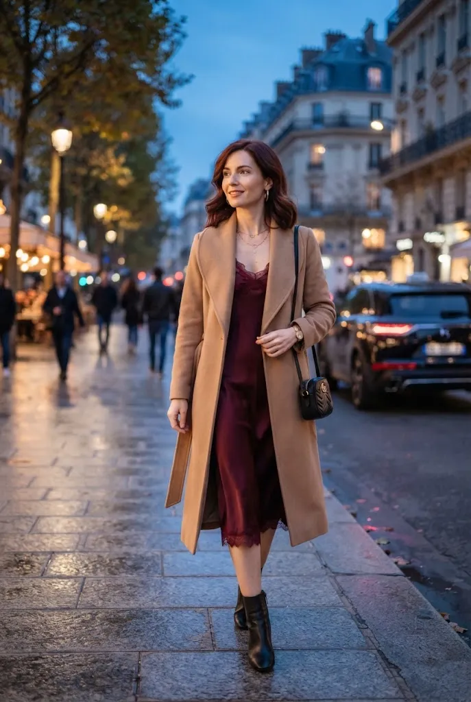 Birthday outfit ideas for women over 30, slip dress with statement coat