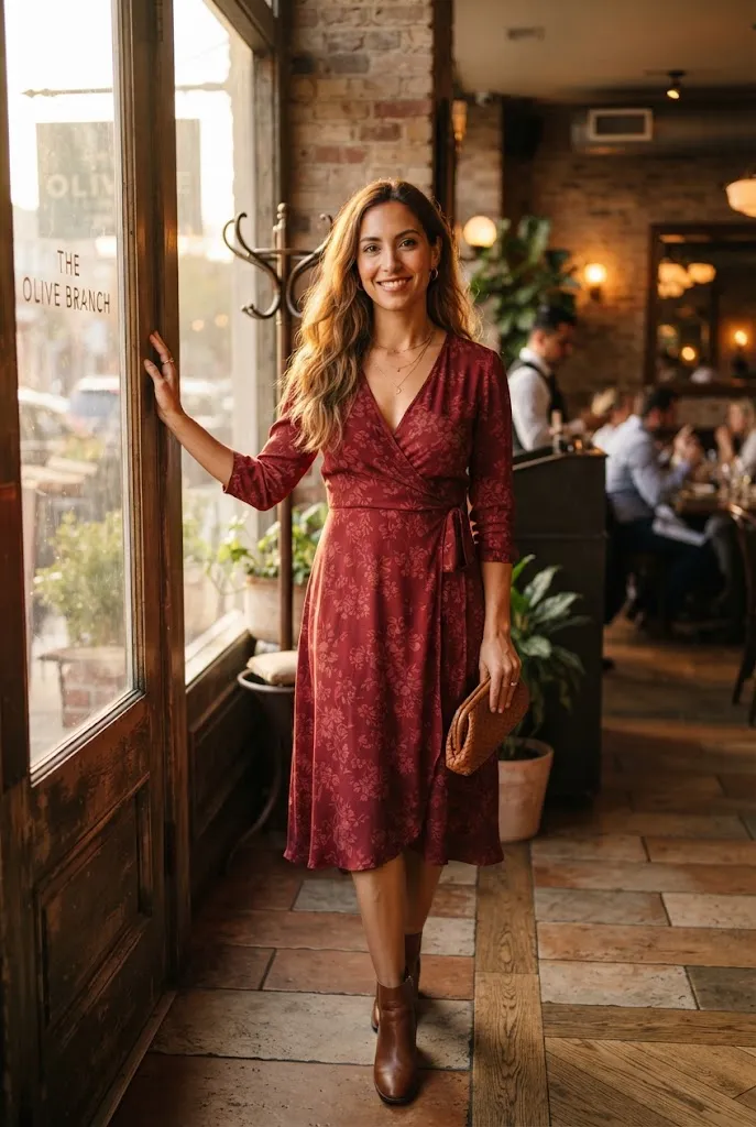 Birthday outfit ideas for women over 30, deep red wrap dress