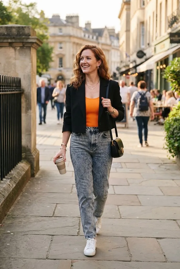 Woman in her early 30s wearing a black cropped blazer over an orange top with acid wash jeans