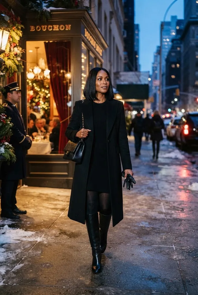 30 year old woman wearing a long black coat with knee high boots for a winter evening outfit.