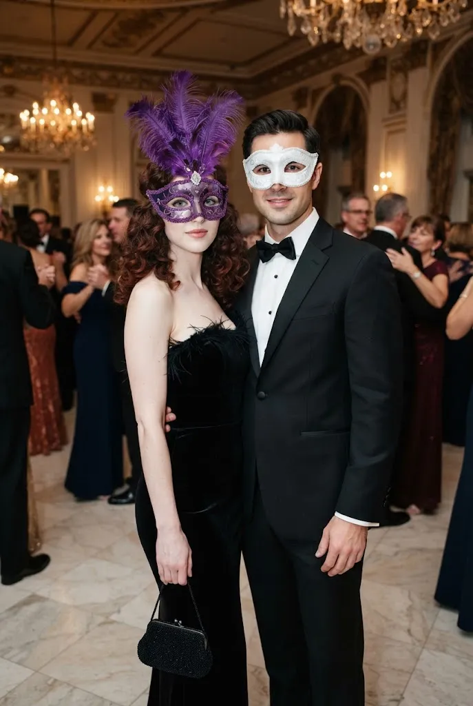 Black evening dress with a purple feather mask beside a formal black tuxedo.
