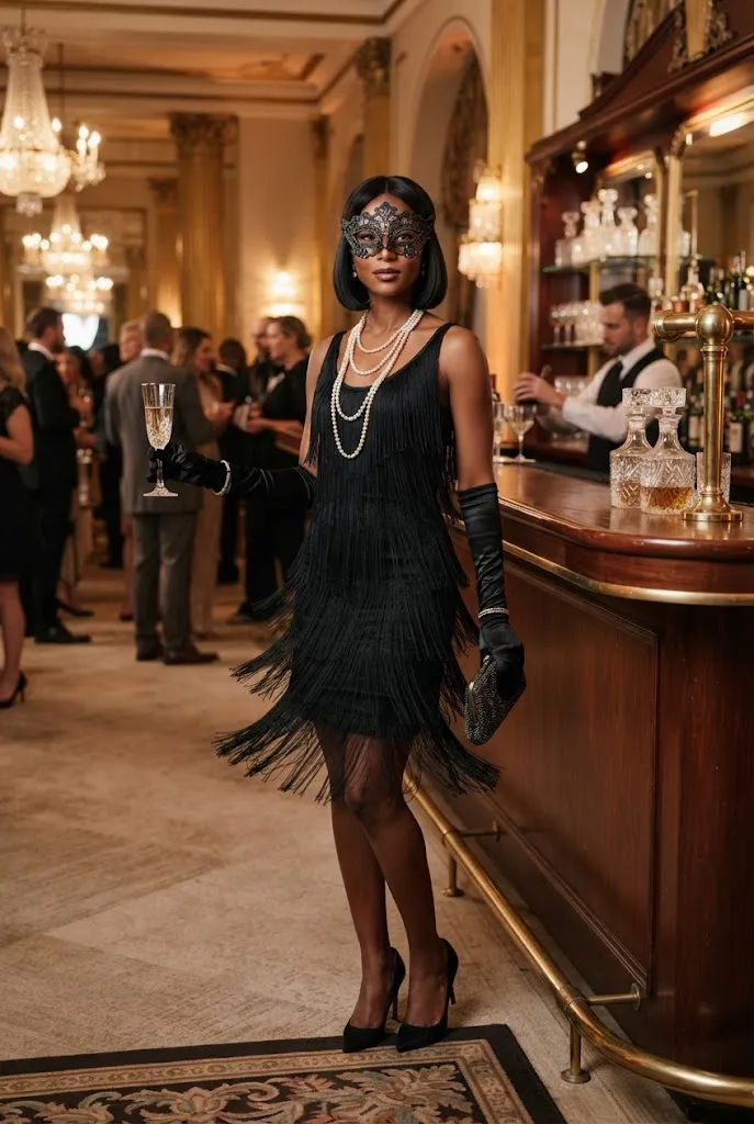 African American woman in a black fringed dress with pearls and a lace masquerade mask.
