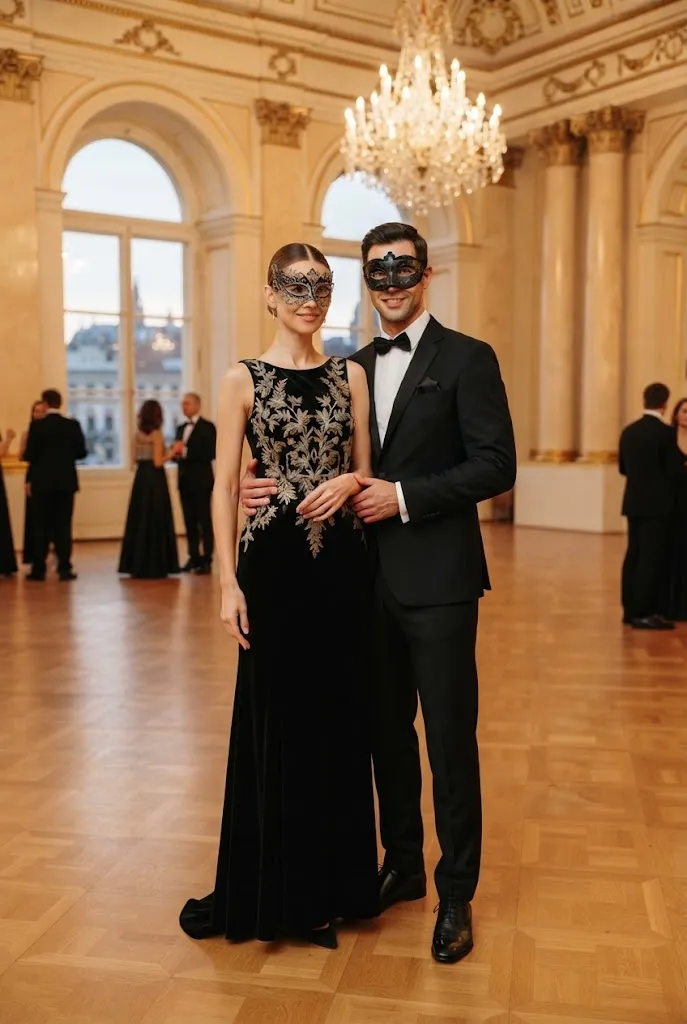 Black and gold formal masquerade outfits with embroidered details and matching masks.