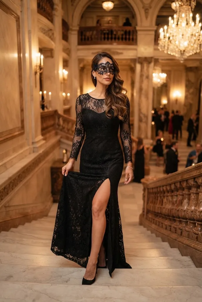 American woman wearing a long black lace masquerade gown on an elegant staircase.
