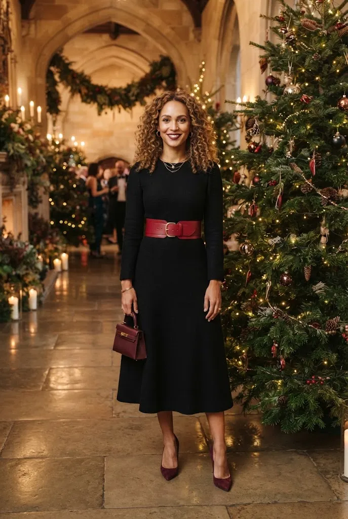 32-year-old woman in black midi dress with red belt for Christmas church