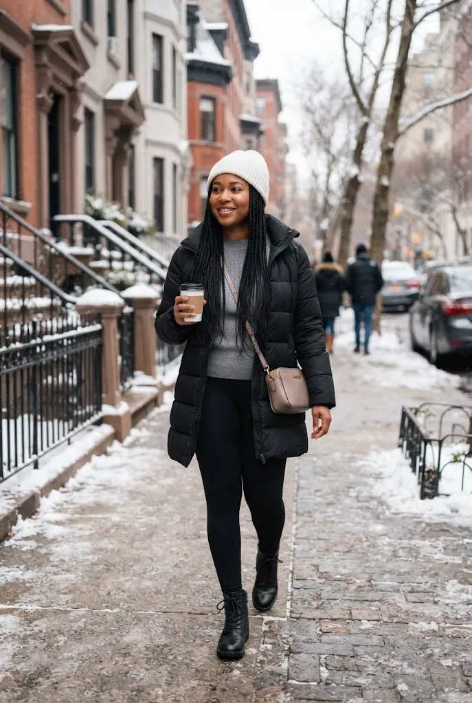 31 year old woman wearing a black puffer jacket, grey sweater, black leggings, and winter boots.