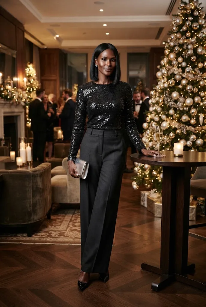 Black woman in black sequin top and wide leg pants at Christmas