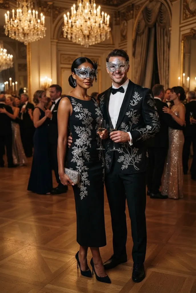 Black and silver embroidered masquerade party outfit for a couple at an elegant evening ball.