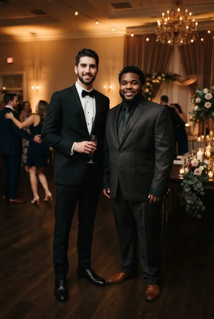 Two men in black tie suits showing the difference between a well tailored and poorly fitted look