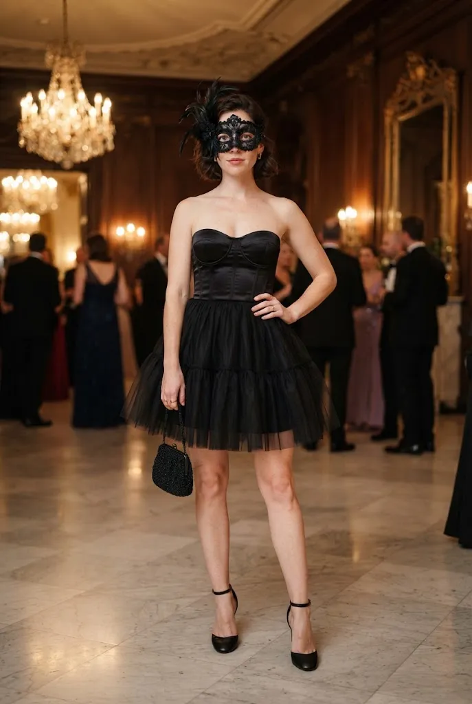 American woman wearing a black tulle mini dress with a feather masquerade mask.