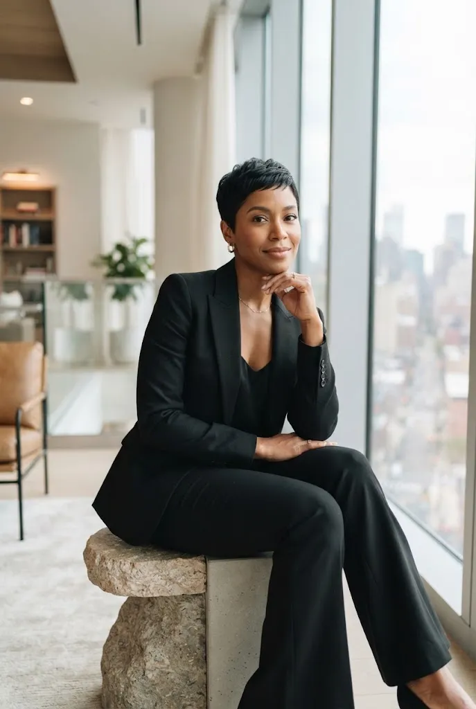 Black woman with a pixie cut wearing a black tuxedo blazer suit in a modern lounge