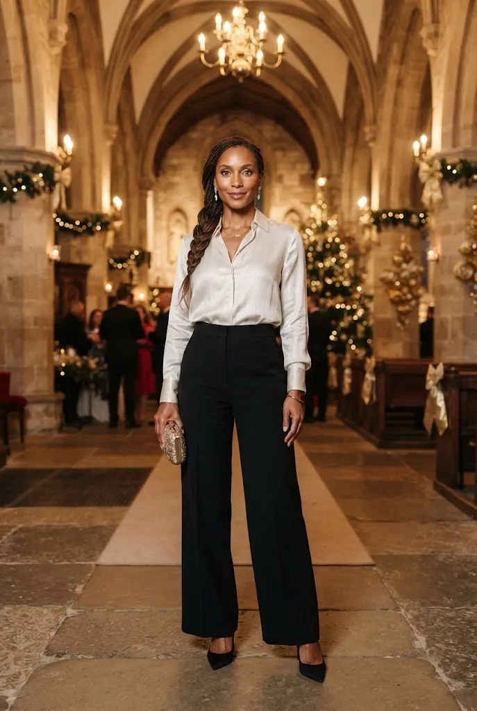 37-year-old woman in black wide-leg trousers and sparkling blouse at Christmas church
