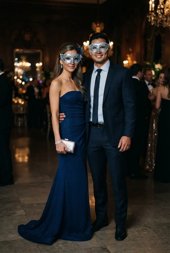 Blue and silver masquerade masks paired with a sapphire gown and navy suit.