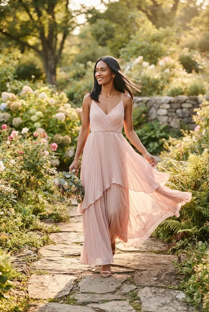 Bridesmaid with tan skin walking in a blush chiffon dress on a stone garden path