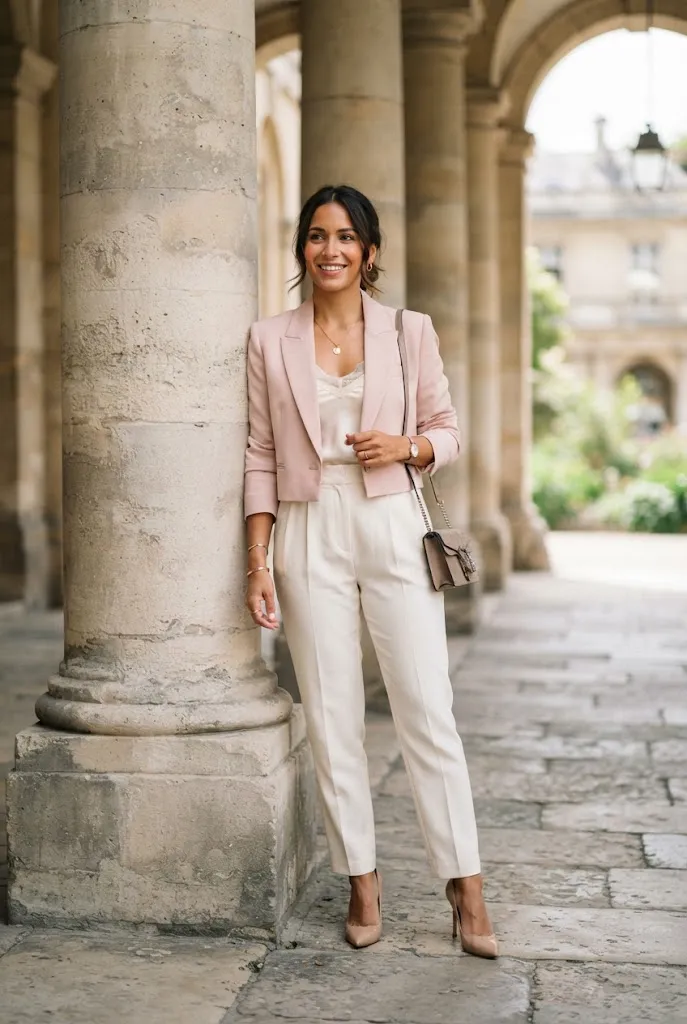Woman around 34 wearing a blush cropped blazer with ivory trousers and heels