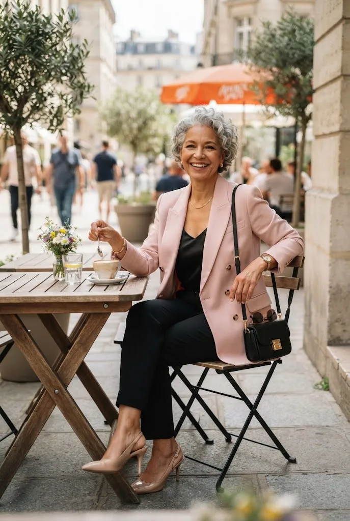 Woman over 50 in blush pink blazer and black trousers spring business casual outfit