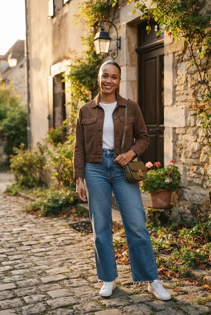 Woman around 30 styling a brown cropped jacket with a white tee and wide leg jeans