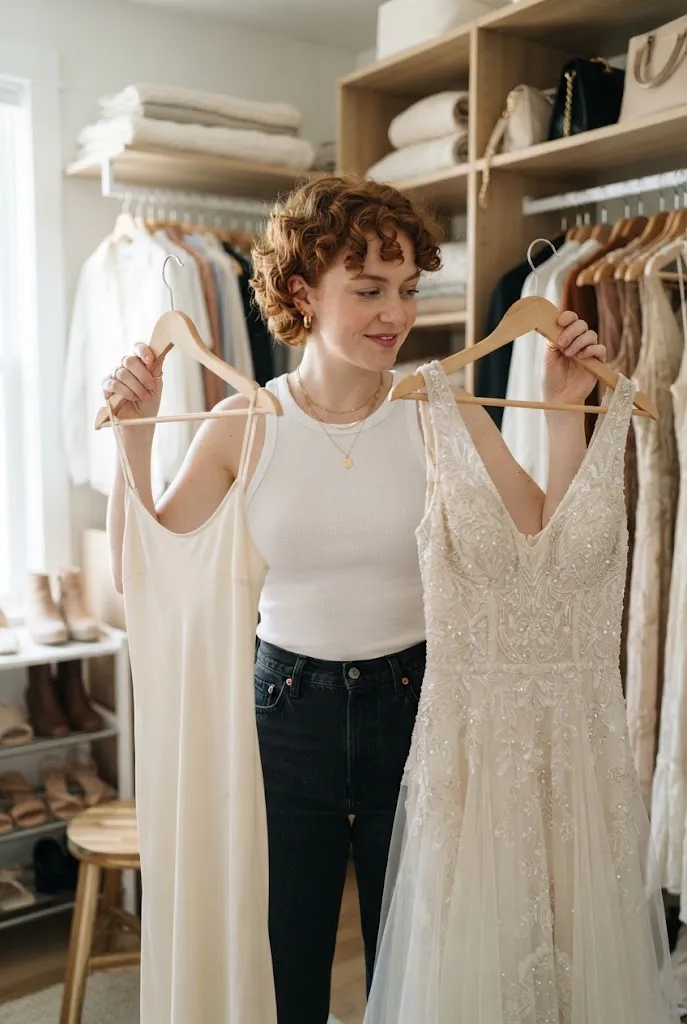 Young American woman comparing a budget dress and a splurge dress for a wedding