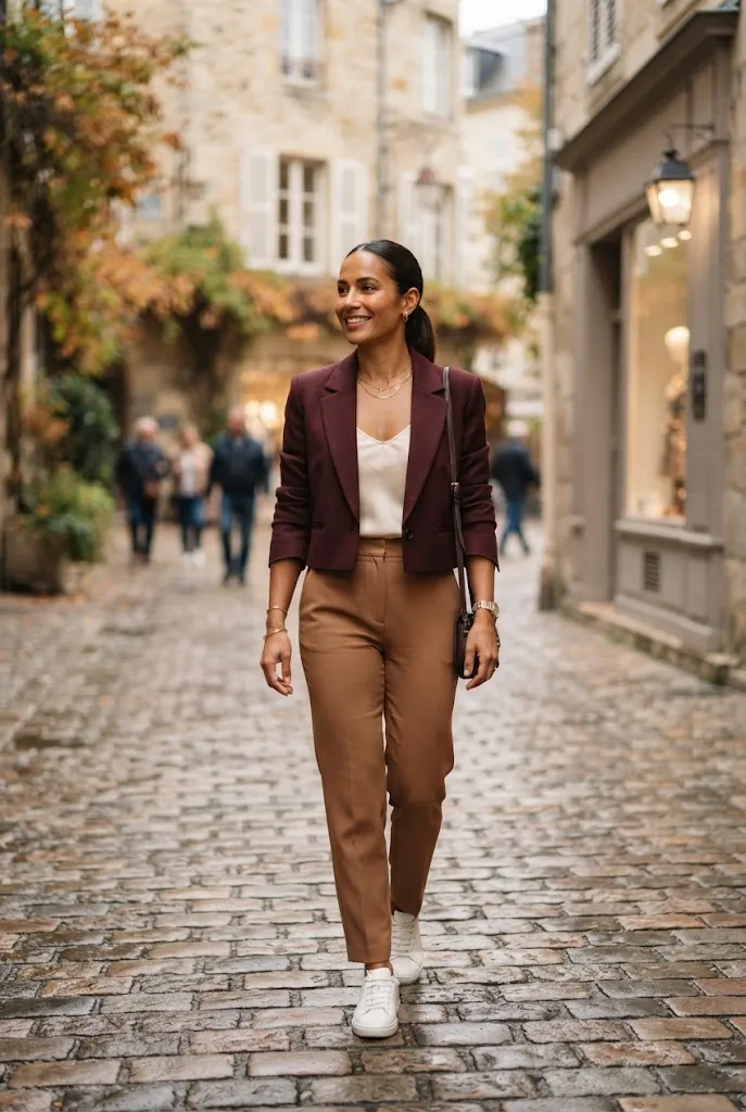 Woman around 34 wearing a burgundy cropped blazer with camel trousers and gold jewelry