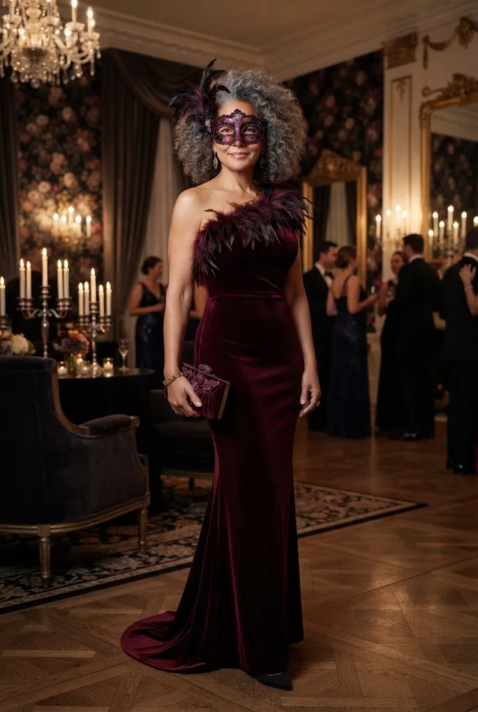 American woman in a burgundy feather gown with an elegant masquerade mask.