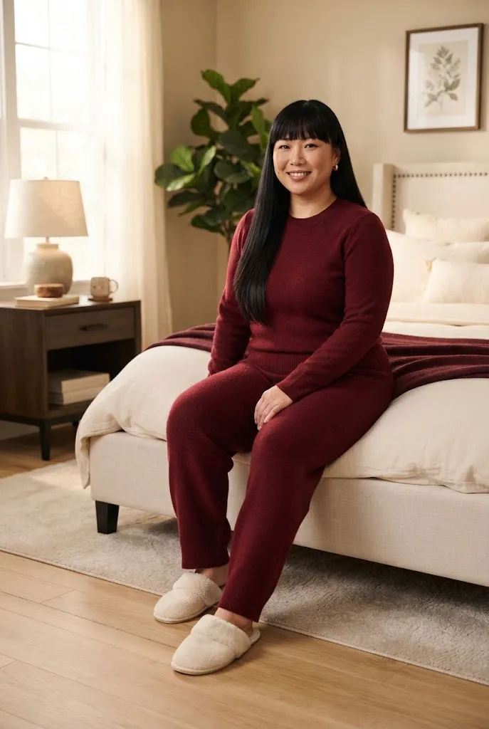 Plus size woman wearing a burgundy knit co ord set with warm slippers