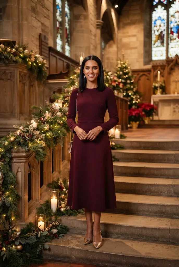 33-year-old woman in burgundy midi dress with gold heels at Christmas church