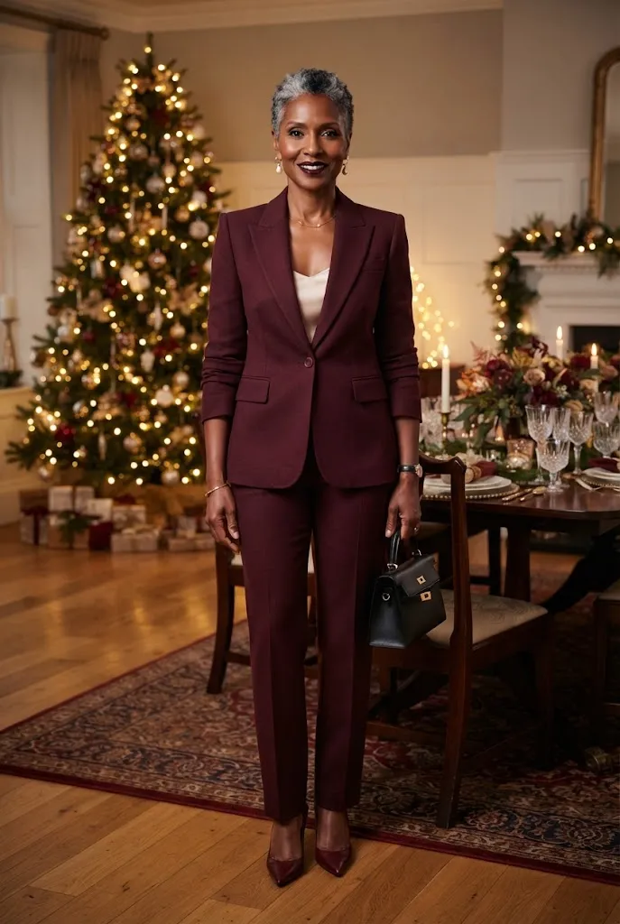 Mature Black woman wearing burgundy suit and satin camisole at Christmas
