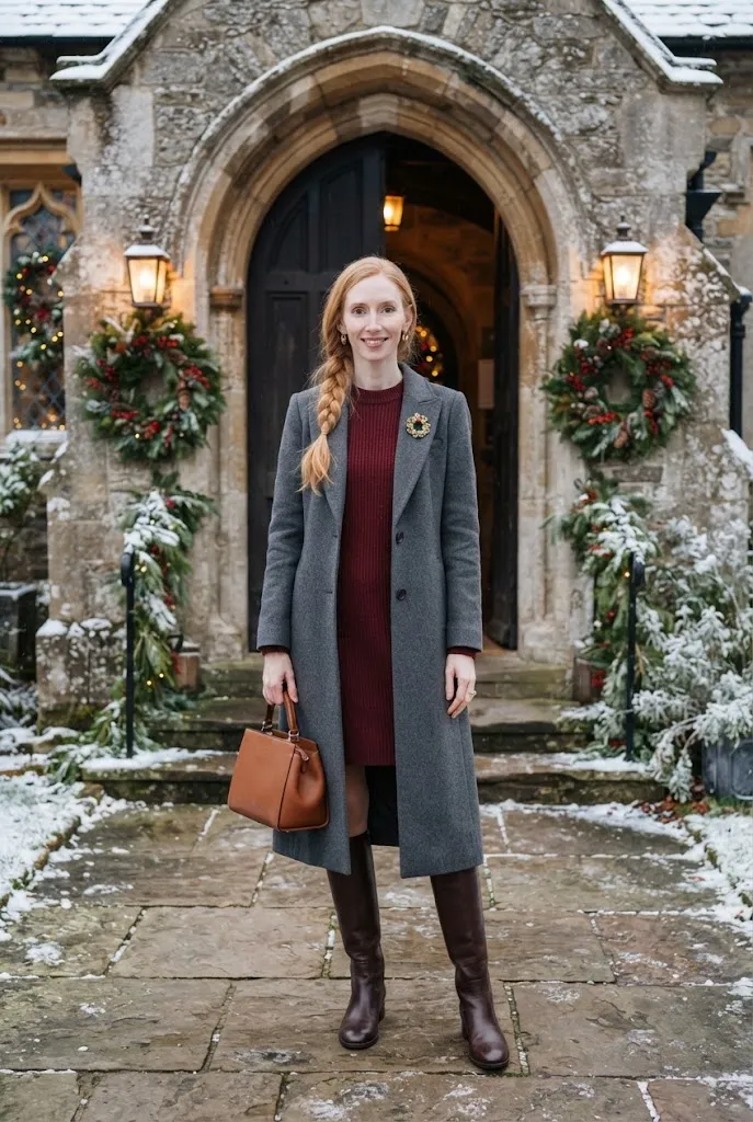 35-year-old woman in burgundy sweater dress and wool coat at Christmas church