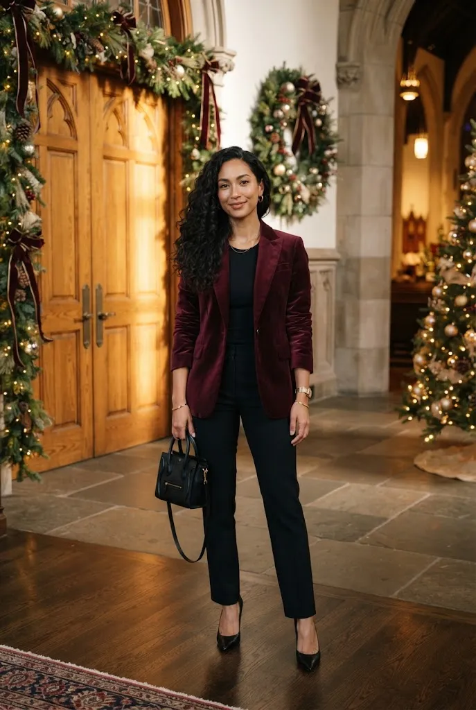 31-year-old woman in burgundy velvet blazer and black trousers at Christmas church