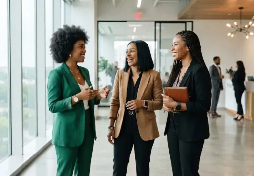 Three Black women in business professional outfits standing together in a modern office lobby